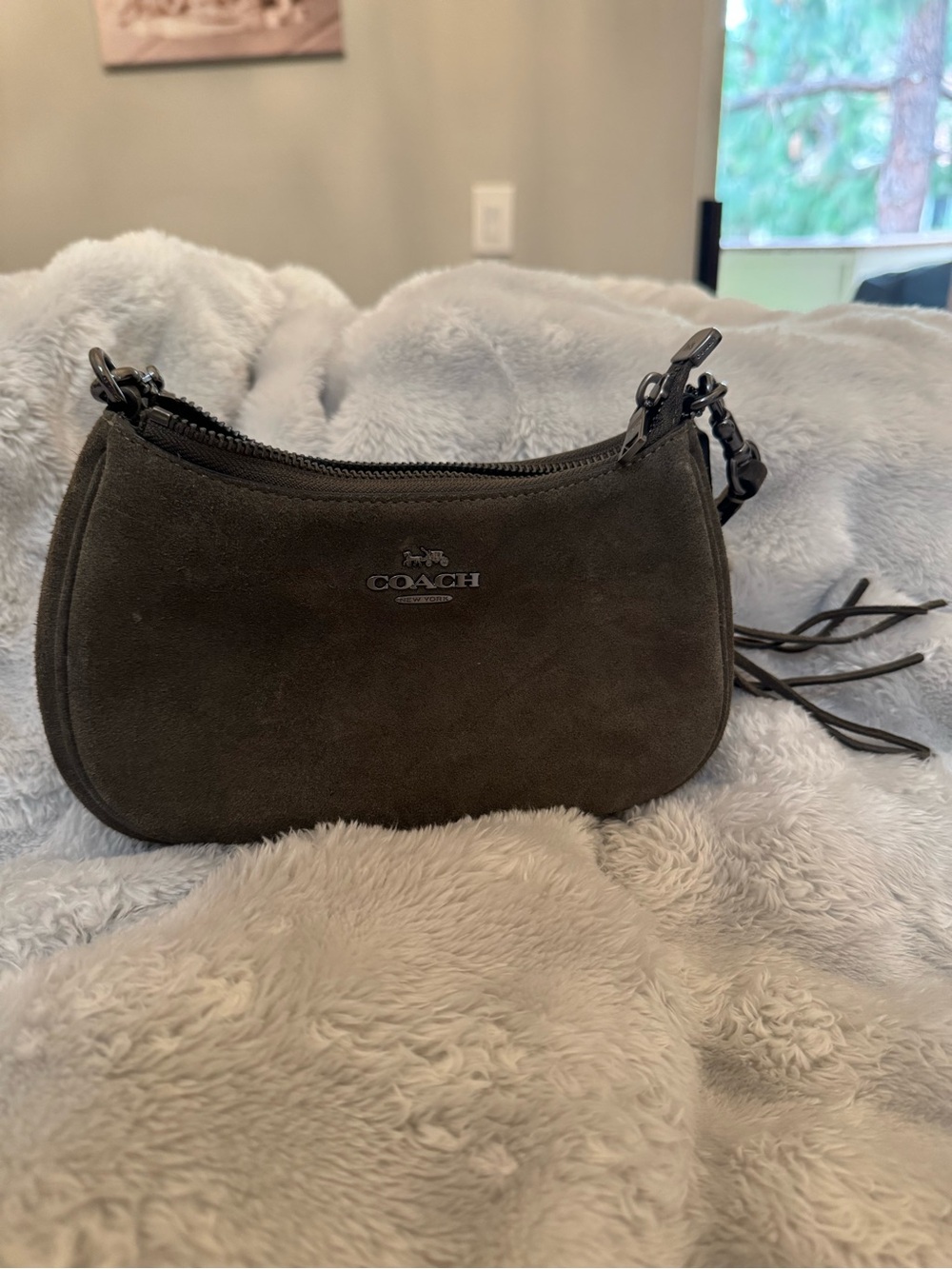 Coach Army Green Suede Mini Terry with Gunmetal Hardware